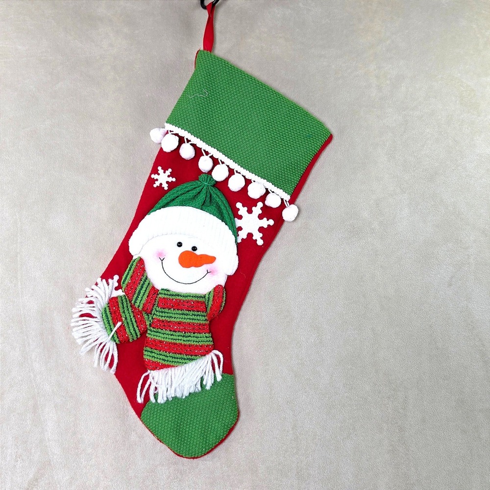 Snowman Christmas Stocking Red Green Knit Cuff Pom Pom Trim Holiday Decor